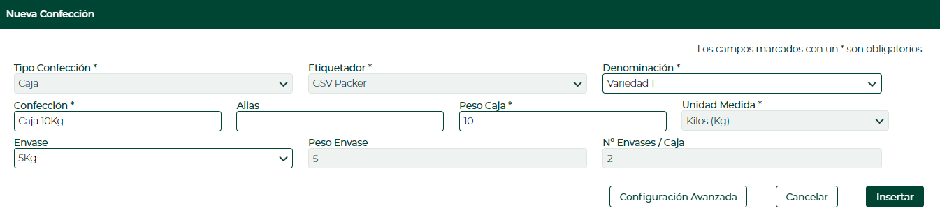 Captura del formulario 'New Packaging' con Package seleccionado. Campos: Packaging Type: Box, Packer: GSV Packer, Denomination: Variety 1, Packaging: 10Kg Box, Box Weight: 10, Unit of Measure: Kilos (