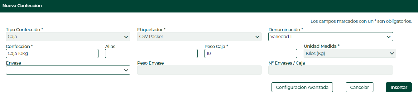 Captura del formulario 'New Packaging' identico al ejemplo 2. Campos: Packaging Type: Box, Packer: GSV Packer, Denomination: Variety 1, Packaging: 10Kg Box, Box Weight: 10, Unit of Measure: Kilos (Kg)