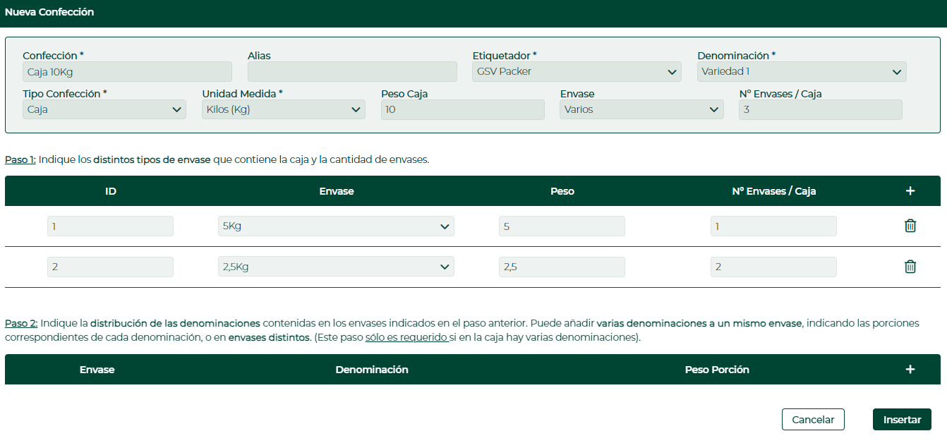 Captura del formulario 'New Packaging' con configuracion avanzada. Campos superiores: Packaging: 10Kg Box, Packer: GSV Packer, Denomination: Variety 1, Packaging Type: Box, Unit of Measure: Kilos (Kg)