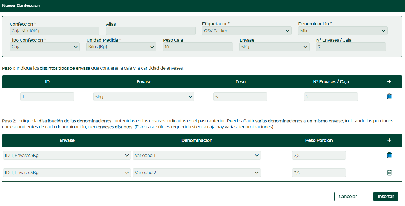 Captura del formulario 'New Packaging' - ejemplo complejo con 3 envases. Step 1: ID 1 5Kg peso 5 x1, ID 2 2,5Kg peso 2,5 x1, ID 3 2,5Kg peso 2,5 x1. Step 2: ID 1 Envase 5Kg Variety 1 peso 2,5. ID 1 En
