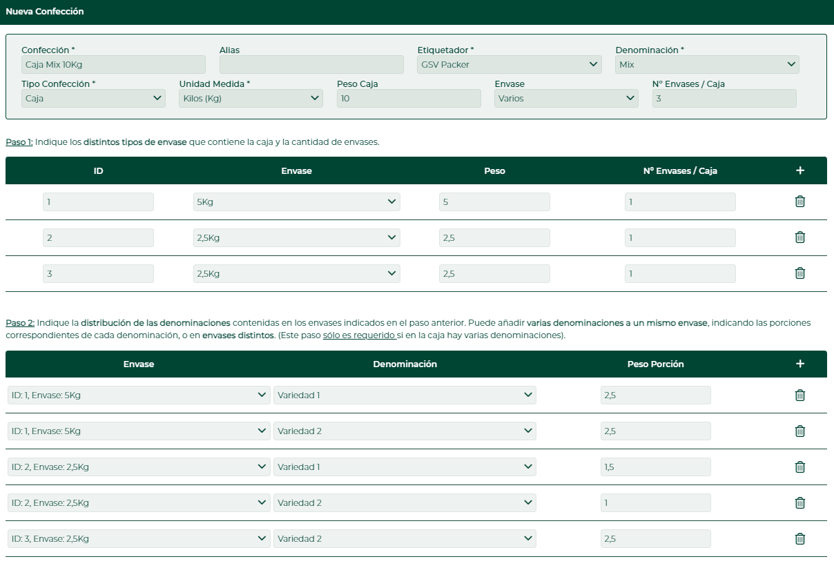 Captura del formulario 'Nueva Confeccion' (version en espanol). Campos: Confeccion: Caja Mix 10Kg, Etiquetador: GSV Packer, Denominacion: Mix, Tipo Confeccion: Caja, Unidad Medida: Kilos (Kg), Peso Ca