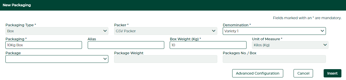Captura de pantalla del formulario 'New Packaging' del software Gesvatec. Campos visibles: Packaging Type: Box, Packer: GSV Packer, Denomination: Variety 1, Packaging: 10Kg Box, Alias (vacio), Box Wei