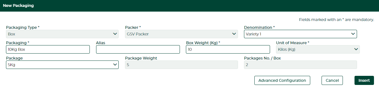 Captura del formulario 'New Packaging' con Package seleccionado. Campos: Packaging Type: Box, Packer: GSV Packer, Denomination: Variety 1, Packaging: 10Kg Box, Box Weight: 10, Unit of Measure: Kilos (