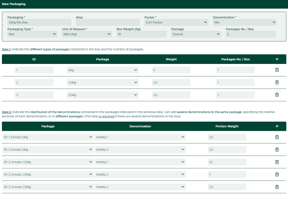Captura del formulario 'New Packaging' - ejemplo complejo con 3 envases. Step 1: ID 1 5Kg peso 5 x1, ID 2 2,5Kg peso 2,5 x1, ID 3 2,5Kg peso 2,5 x1. Step 2: ID 1 Envase 5Kg Variety 1 peso 2,5. ID 1 En