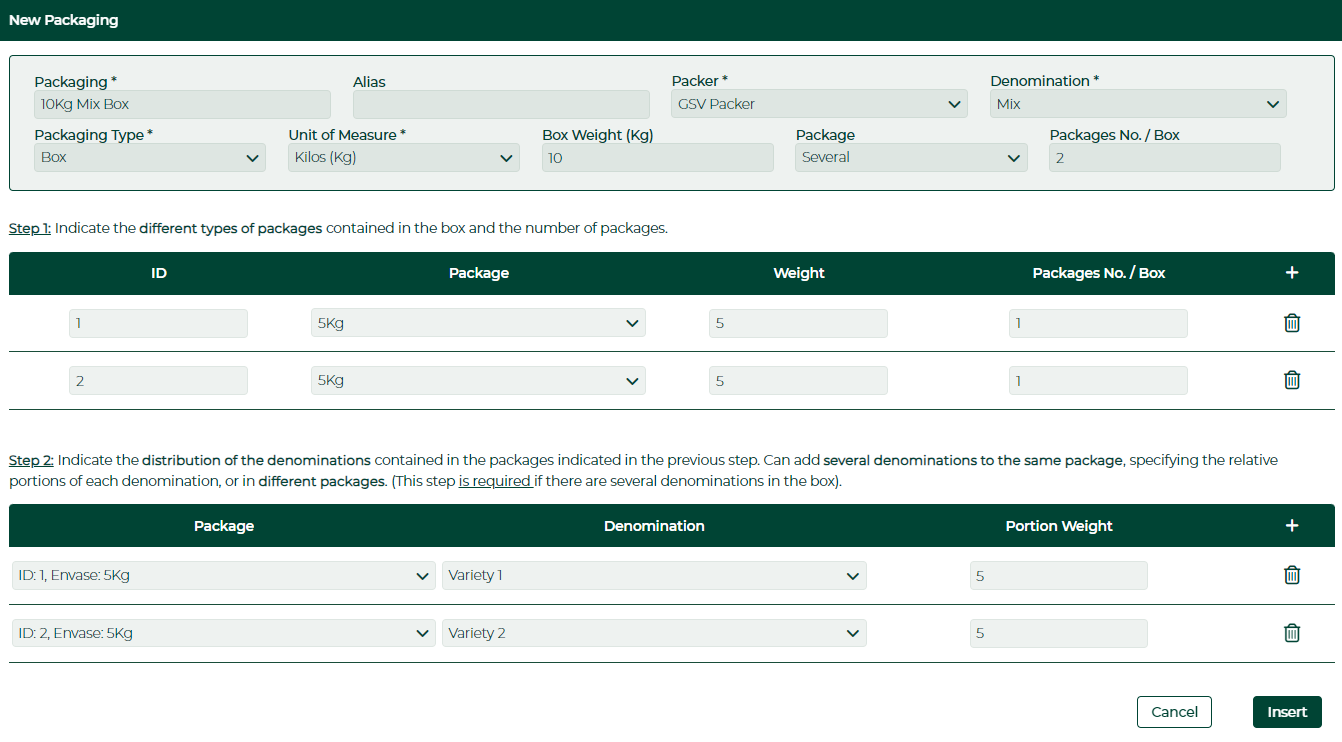 Captura del formulario 'New Packaging' con configuracion avanzada y Step 2 completado. Campos: Packaging: 10Kg Box, Packer: GSV Packer, Denomination: Variety 1, Package: Several, Packages No./Box: 3.