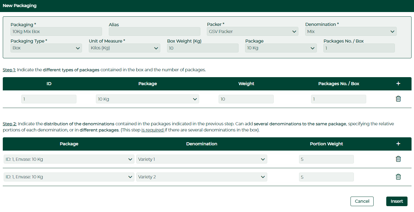 Captura del formulario 'New Packaging' - ejemplo con un solo envase 10Kg. Step 1: ID 1, Package 10Kg, Weight 10, Packages 1. Step 2: ID 1 Envase 10Kg - Variety 1 - Peso 5. ID 1 Envase 10Kg - Variety 2