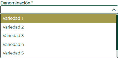 Captura del desplegable 'Denomination' abierto mostrando opciones: Variety 1 (seleccionada/resaltada en amarillo), Variety 2, Variety 3, Variety 4, Variety 5.