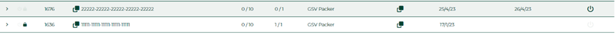 Captura de una tabla de licencias en la web de Gesvatec. Se ven dos filas con columnas y datos parciales. Fila 1: ID 1676, icono candado, PKC 22222-22222-22222-22222-22222, 0/10, 0/1, CSV Packer, icon