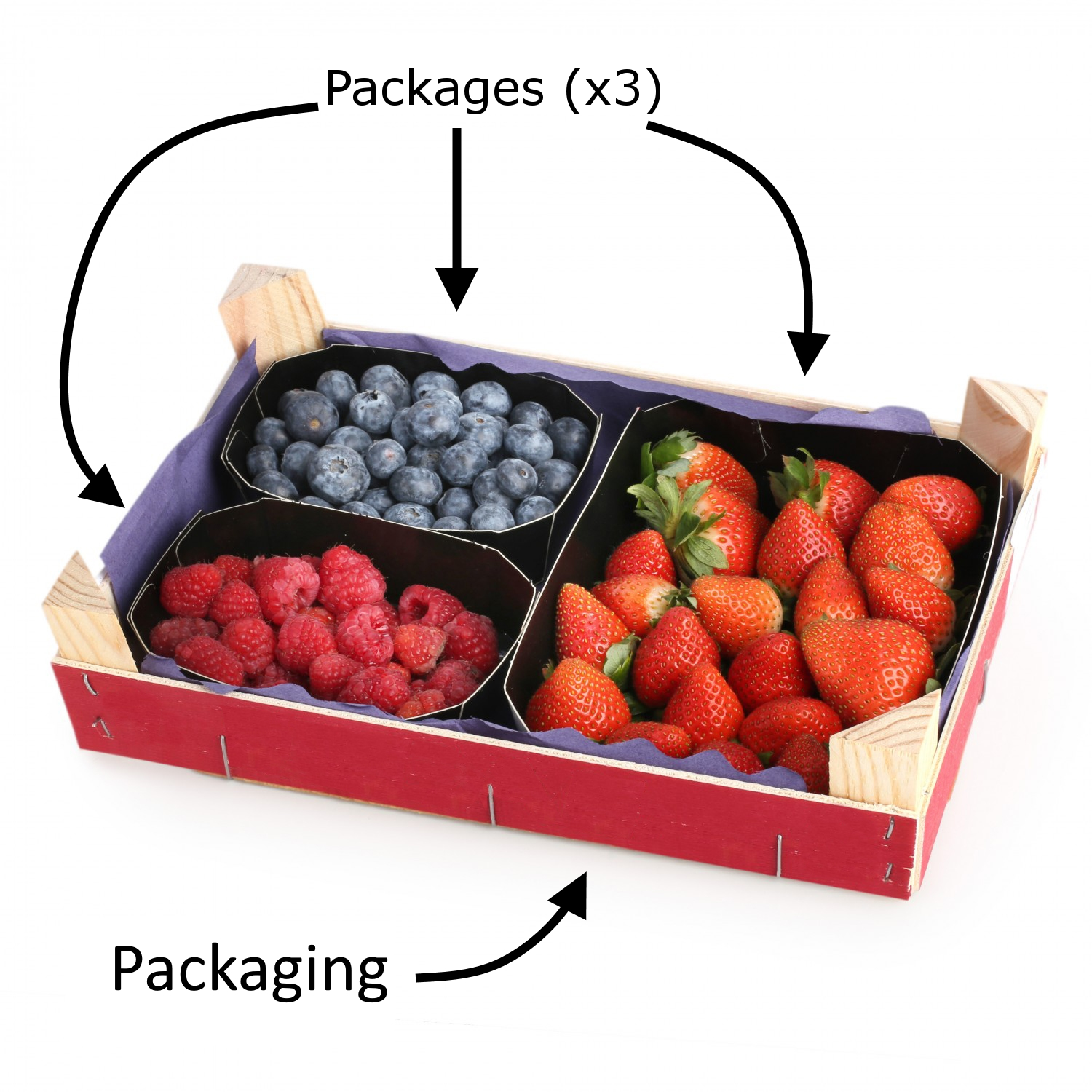 Imagen ilustrativa de una caja de fruta (confeccion). Muestra una caja roja de madera con tres envases dentro: frambuesas, arandanos y fresas. Texto: 'Envase (x3)' con flechas senalando los tres compa