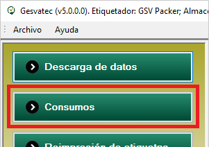 Captura del software Gesvatec (v5.0.0.0) mostrando el menu principal con botones: Data Download, Transactions (resaltado con recuadro rojo), Reprinting labels (parcialmente visible).