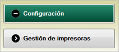 Captura del panel de configuracion del software Gesvatec. Seccion colapsable 'Configuration' (con icono menos/contraer) y seccion 'Printers management' (con icono de expandir).