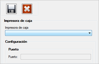 Captura de la configuracion de impresora. Iconos de guardar y cancelar en la barra superior. Seccion 'Box printer' con desplegable 'Box printer' (vacio). Seccion 'Configuration' con campo 'Port' y sub