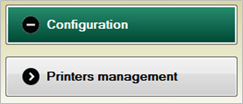 Captura del panel de configuracion del software Gesvatec. Seccion colapsable 'Configuration' (con icono menos/contraer) y seccion 'Printers management' (con icono de expandir).