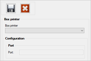 Captura de la configuracion de impresora. Iconos de guardar y cancelar en la barra superior. Seccion 'Box printer' con desplegable 'Box printer' (vacio). Seccion 'Configuration' con campo 'Port' y sub