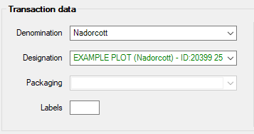 Captura de la seccion 'Transaction data' del software Gesvatec. Campos: Denomination: Nadorcott (desplegable), Designation: EXAMPLE PLOT (Nadorcott) - ID:20399 25 (desplegable seleccionado en verde),