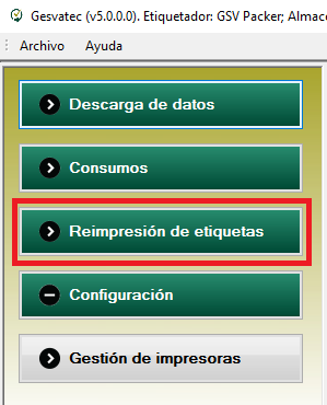 Captura del menu principal del software Gesvatec mostrando los botones: Data Download, Transactions, Reprinting labels (resaltado con recuadro rojo), Configuration. Botones en verde oscuro con iconos