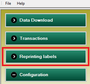 Captura del menu principal del software Gesvatec mostrando los botones: Data Download, Transactions, Reprinting labels (resaltado con recuadro rojo), Configuration. Botones en verde oscuro con iconos