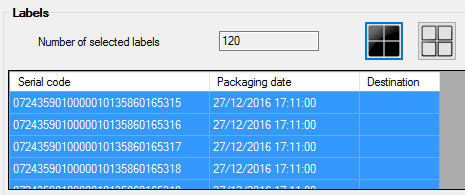 Captura de la seccion 'Labels'. Campo 'Number of selected labels: 120'. Tabla con columnas Serial code, Packaging date, Destination. Filas visibles: 07243590100001013586016531 5 - 27/12/2016 17:11:00.