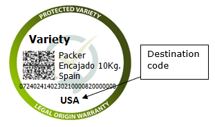 Imagen de una etiqueta Gesvatec circular. Texto visible: 'PROTECTED VARIETY' (arco superior), 'LEGAL ORIGIN WARRANTY' (arco inferior), logo Gesvatec central. Datos de la etiqueta: 'Variety', 'Packer',
