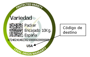 Imagen de una etiqueta Gesvatec circular. Texto visible: 'PROTECTED VARIETY' (arco superior), 'LEGAL ORIGIN WARRANTY' (arco inferior), logo Gesvatec central. Datos de la etiqueta: 'Variety', 'Packer',