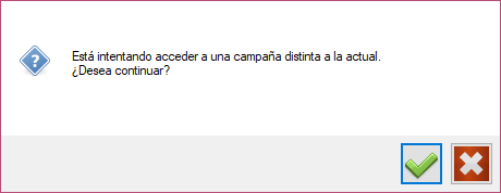 Dialogo de aviso: 'You are not accessing to the current season. Do you wish to continue?' con icono de pregunta. Botones: check verde (si) y X roja (no).