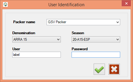 Captura del dialogo 'User Identification' del software Gesvatec. Campos: Packer name: GSV Packer (desplegable), Denomination: ARRA 15 (desplegable), Season: 20-A15-ESP (desplegable), User: label, Pass
