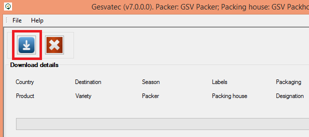 Captura del software Gesvatec (v7.0.0.0) Packer: GSV Packer. Barra de herramientas con iconos de descarga y cancelar. Seccion 'Download details' con columnas: Country, Destination, Season, Labels, Pac