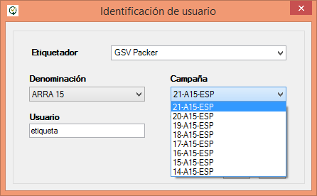 Captura del dialogo 'User Identification' con el desplegable de Season abierto mostrando las temporadas disponibles: 21-A15-ESP (seleccionada), 20-A15-ESP, 19-A15-ESP, 18-A15-ESP, 17-A15-ESP, 16-A15-E