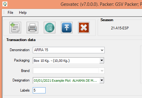 Captura de la pantalla principal del software Gesvatec (v7.0.0.0). Barra de herramientas con iconos. Seccion 'Transaction data' con campos: Denomination: ARRA 15 (desplegable), Packaging: Box 10 Kg. -