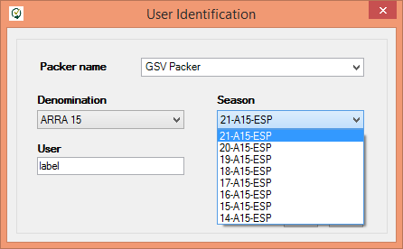 Captura del dialogo 'User Identification' con el desplegable de Season abierto mostrando las temporadas disponibles: 21-A15-ESP (seleccionada), 20-A15-ESP, 19-A15-ESP, 18-A15-ESP, 17-A15-ESP, 16-A15-E