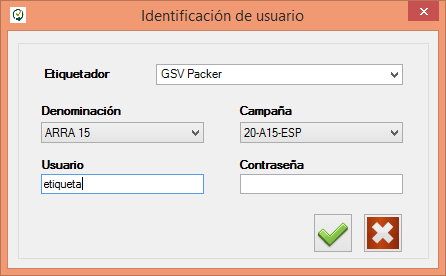 Captura del dialogo 'User Identification' del software Gesvatec. Campos: Packer name: GSV Packer (desplegable), Denomination: ARRA 15 (desplegable), Season: 20-A15-ESP (desplegable), User: label, Pass