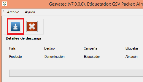 Captura del software Gesvatec (v7.0.0.0) Packer: GSV Packer. Barra de herramientas con iconos de descarga y cancelar. Seccion 'Download details' con columnas: Country, Destination, Season, Labels, Pac