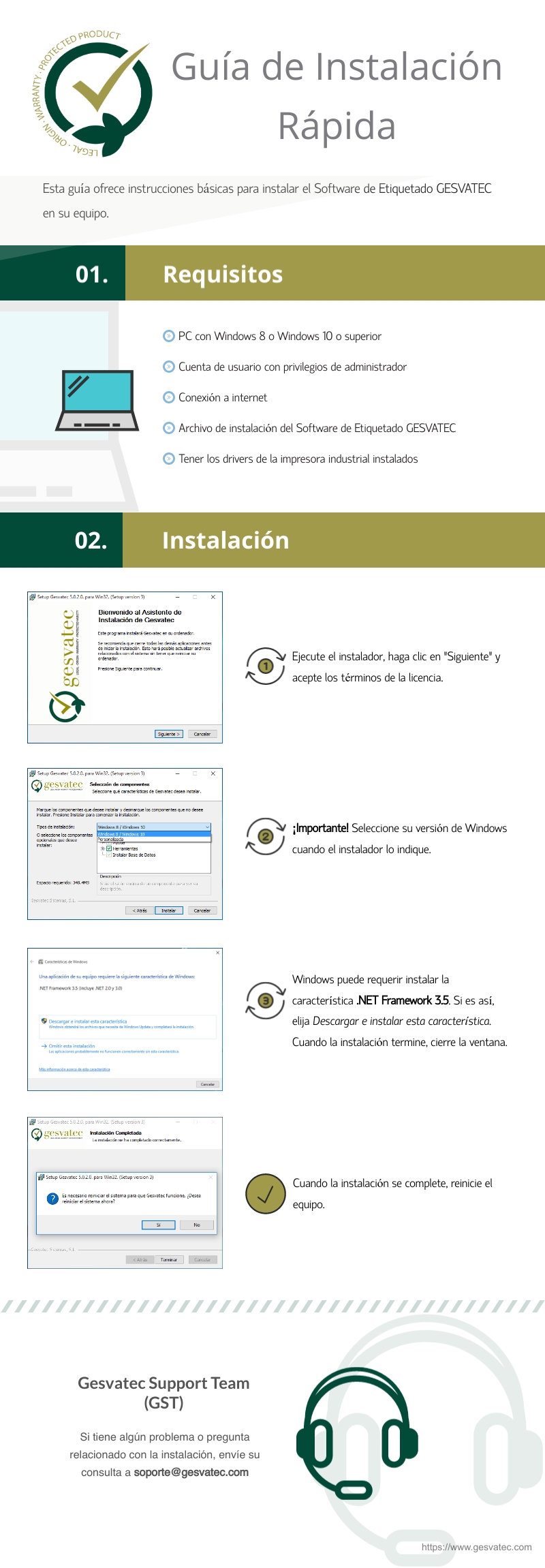 Infografia 'Quick Installation Guide' de Gesvatec Labeling Software. Logo Gesvatec (Protected Product / Legal Origin Warranty). Seccion 01 Requirements: PC con Windows 8 o Windows 10 o superior, cuent