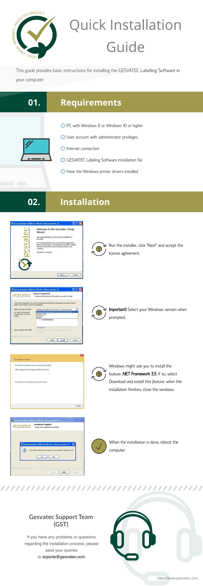 Infografia 'Quick Installation Guide' de Gesvatec Labeling Software. Logo Gesvatec (Protected Product / Legal Origin Warranty). Seccion 01 Requirements: PC con Windows 8 o Windows 10 o superior, cuent